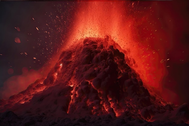 Daytime volcanic eruption on Reykjanes peninsula Lava shoots up from the crater above Crater from Fagradalsfjall volcano in Iceland in GeoPark Clouds and steam in the sky