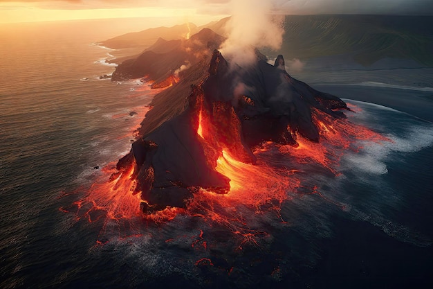 Daytime volcanic eruption on Reykjanes peninsula Lava shoots up from the crater above Crater from Fagradalsfjall volcano in Iceland in GeoPark Clouds and steam in the sky