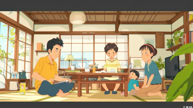 Daytoday life of a Japanese family engaging in routine activities like homework or family chores in a cozy home setting