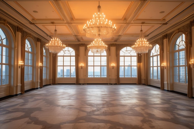 Photo dazzling ballroom interior with elegant chandeliers and marble flooring