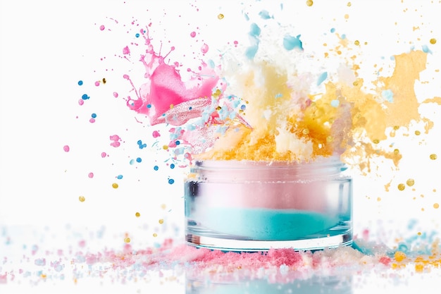 A dazzling burst of colored powders erupts from a clear glass container creating an artistic display of pink blue and yellow shades against a white background