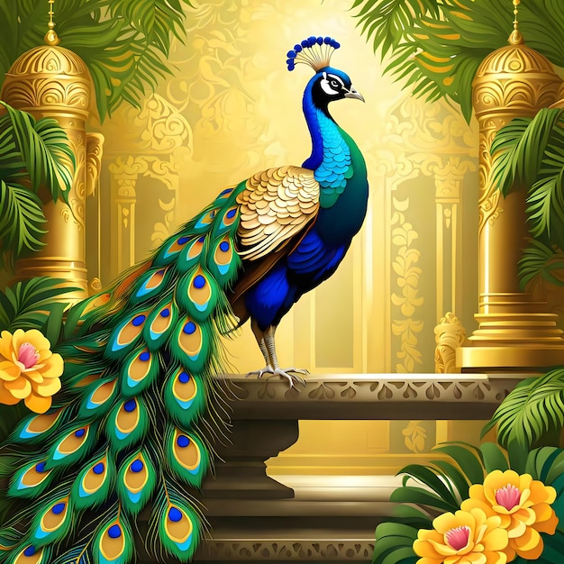 Dazzling Golden Plumage of Peacock in Focus