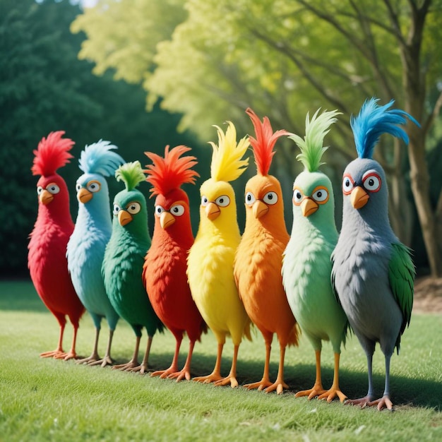 Photo a dazzling lineup of vibrant birds showcasing their stunning feathers