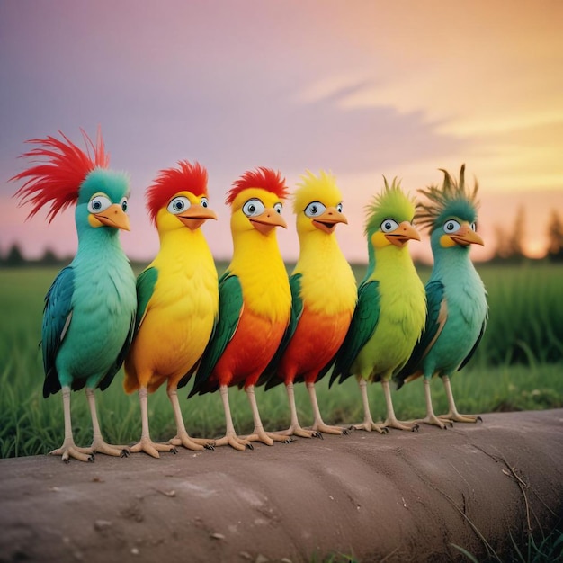 Photo a dazzling lineup of vibrant birds showcasing their stunning feathers