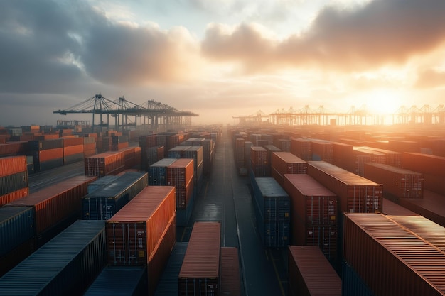 A Dazzling Shipping Yard at Dusk with Containers Under a Dramatic Sky Illuminated by Sunset