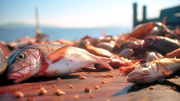 Dead catches on a fishing ship Negative impact of Ocean acidosis on fish populations and commercial activities The concept of environmental damage and climate change Close up