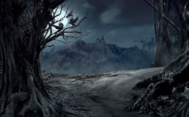 Dead cliff road on the dead mysterious forest with three crows on the night Scary Halloween concept