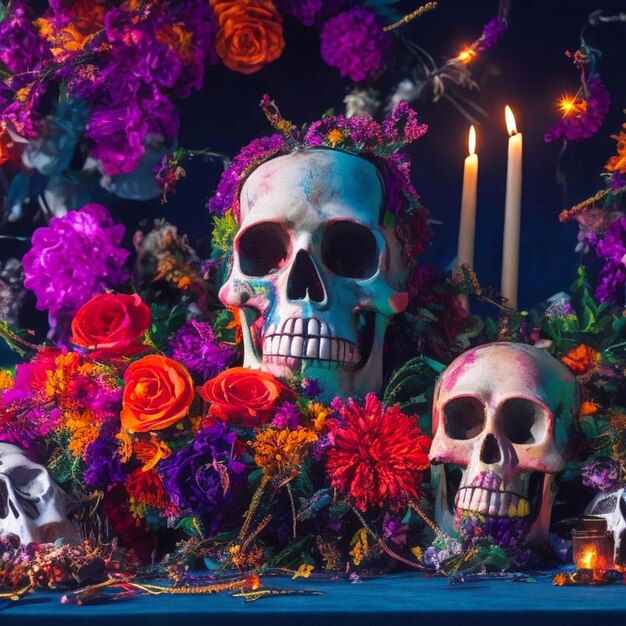 Dead of the day celebration colorful decorations candlelight and skulls decorated with flowers