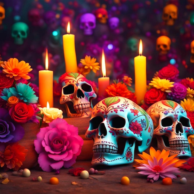 Dead of the day celebration colorful decorations candlelight and skulls decorated with flowers