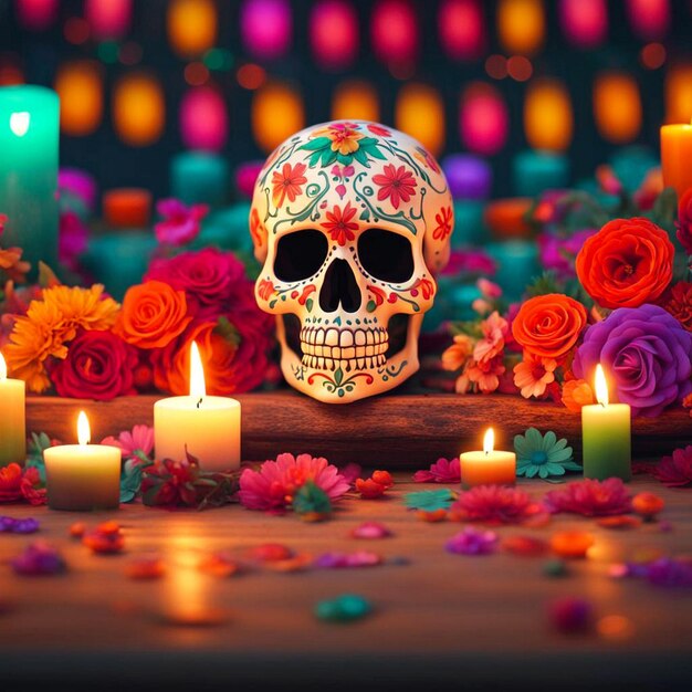 Dead of the day celebration colorful decorations candlelight and skulls decorated with flowers