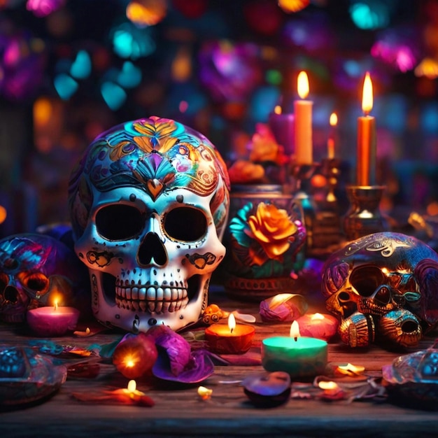 Dead of the day celebration colorful decorations candlelight and skulls decorated with flowers