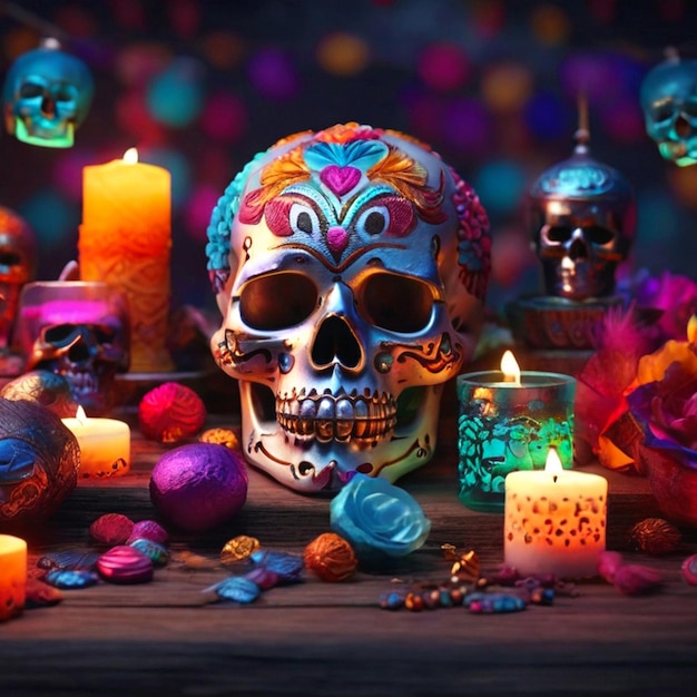 Dead of the day celebration colorful decorations candlelight and skulls decorated with flowers