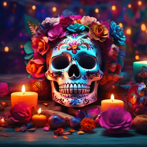 Dead of the day celebration colorful decorations candlelight and skulls decorated with flowers