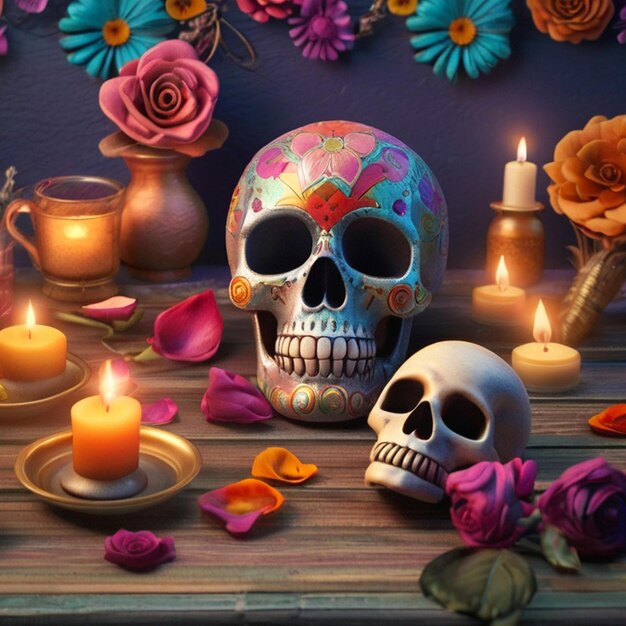 Dead of the day celebration colorful decorations candlelight and skulls decorated with flowers