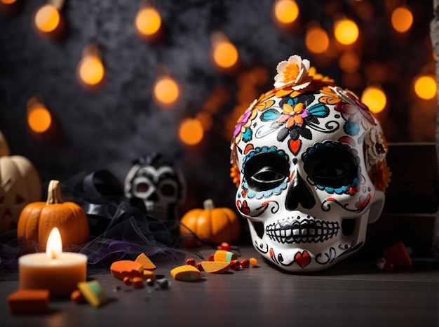 Dead day party sugar skull or halloween holiday Traditional mexican music festival fun bright dance vector characters Halloween Dia De Los Muertos Celebration