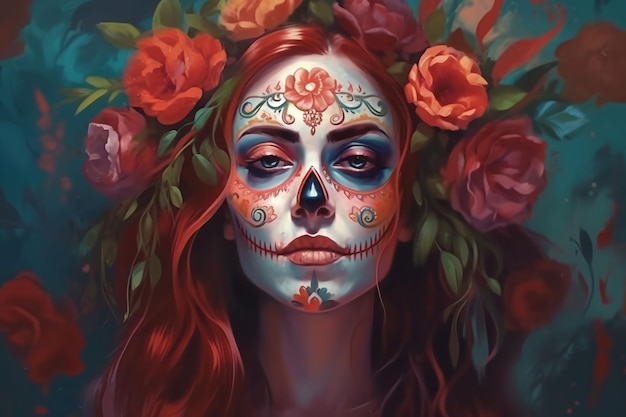 Dead day woman face Skull flowers Generate Ai