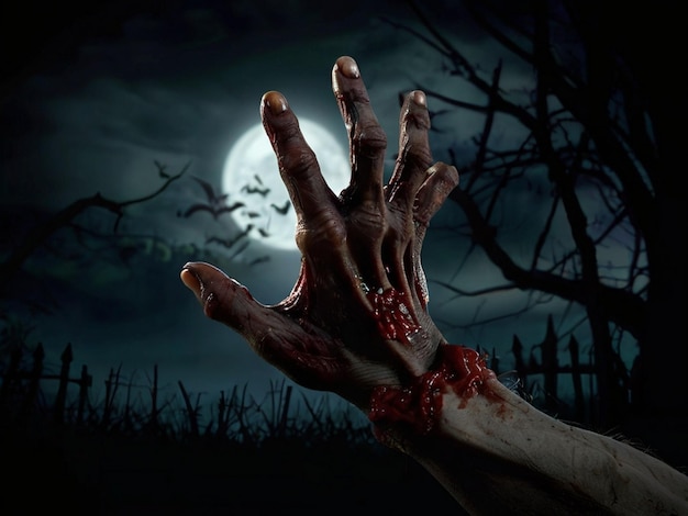 a dead hand is in the dark with a full moon in the background