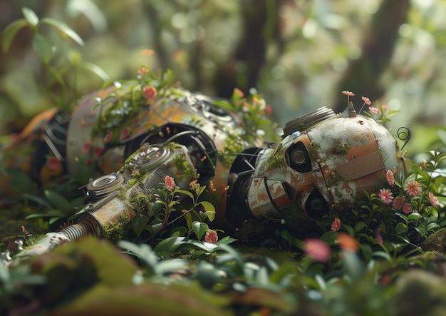 A dead old and rusty body of a robot lying in the forrest plants and flowers grow out of the body