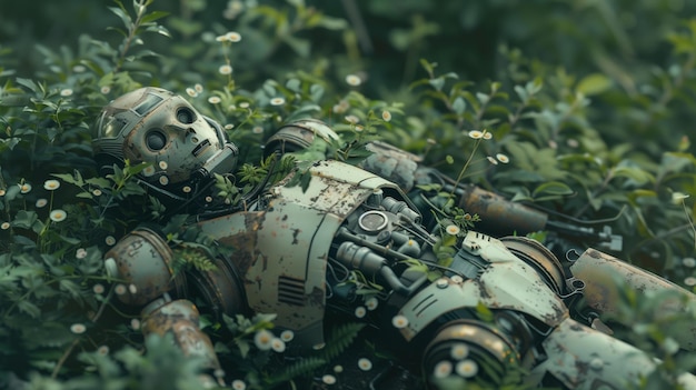 A dead old and rusty body of a robot lying in the forrest plants and flowers grow out of the body