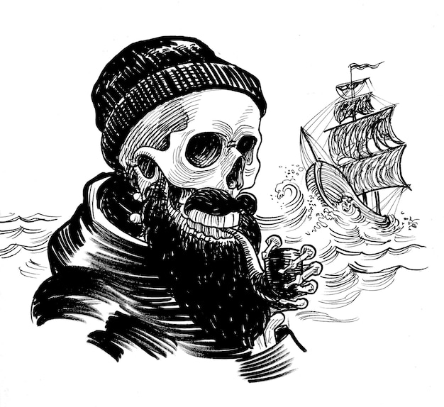 Photo dead sea captain and sailing ship ink black and white drawing