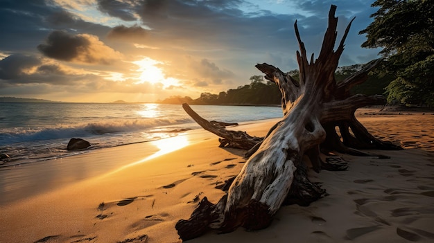 Dead tree on the beach at sunset Phuket Thailand