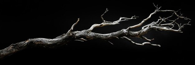 Photo dead tree branch isolated on black background a single dead tree branch isolated on a black b