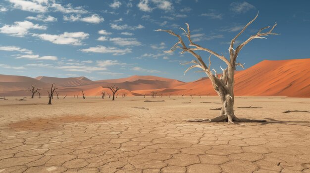 Photo dead tree in a desert landscape with cracked earth and sand dunes