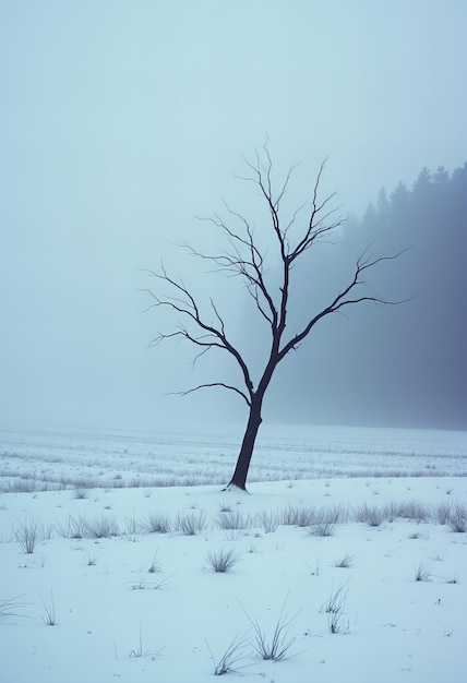 Photo a dead tree in a field with a foggy background