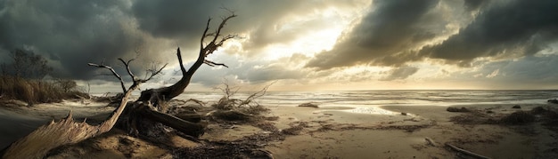 Photo dead tree on a sandy beach with stormy clouds