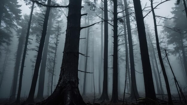 A dead tree stands in a misty forest its silhouette creating an eerie atmosphere