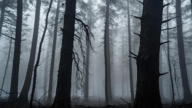 A dead tree stands in a misty forest its silhouette creating an eerie atmosphere