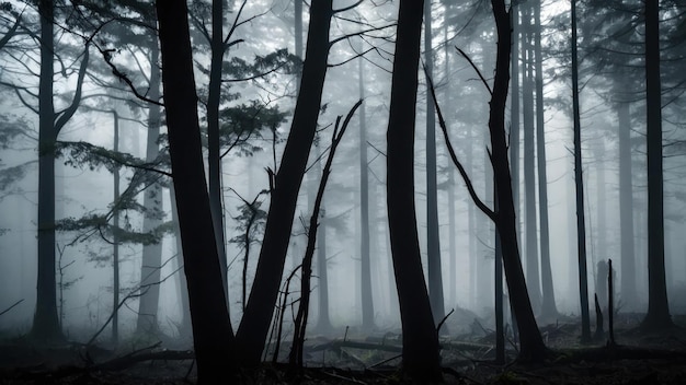 A dead tree stands in a misty forest its silhouette creating an eerie atmosphere