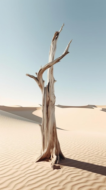 A dead tree stands in the sand in the desert.