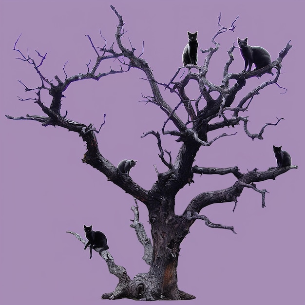 a dead tree with birds on it and a purple background