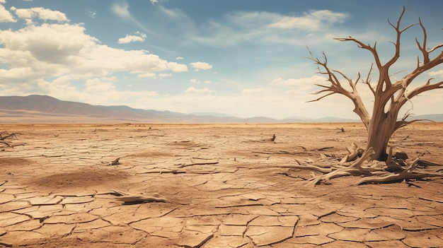 Dead trees due to drought on dry lake with cracked soil Concept of global warming and water crisis