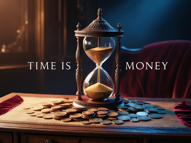 Photo deadline and time is money concept with hourglass and british coin currency