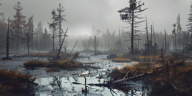 Photo deadly landscape toxic forest withered trees and gasfilled swamps concept environmental horror toxic nature withered trees gasfilled swamps dangerous landscape