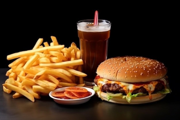 Deal of Pizza and burger and Drink and fries realistic Cinematic Realistic Photo on table