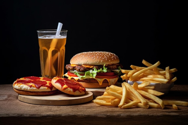 Deal of Pizza and burger and Drink and fries realistic Cinematic Realistic Photo on table