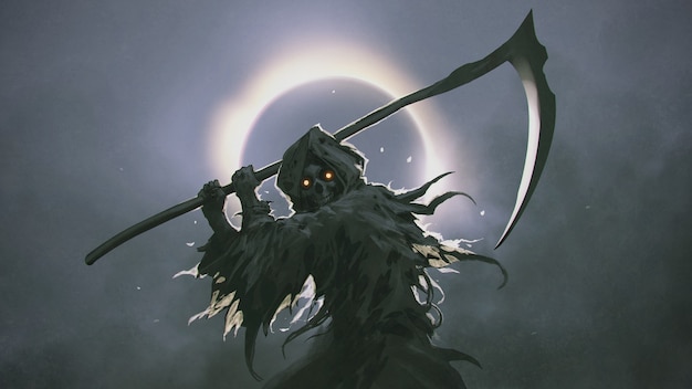 The Death as know as Grim Reaper holding the scythe against the eclipse on the background, digital art style, illustration painting