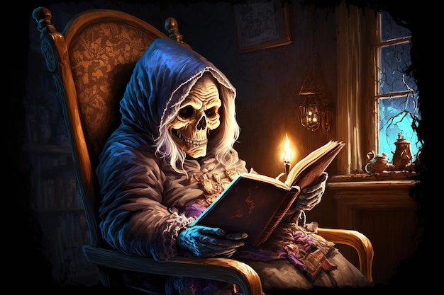 Death skeleton is sitting at home on chair near burning fireplace and reading book Scary bedtime stories Death is reading book with fascinating stories 3d illustration