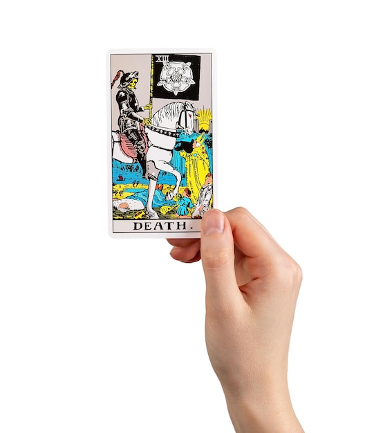 Death tarot card in hand bad negative major arcana isolated on white