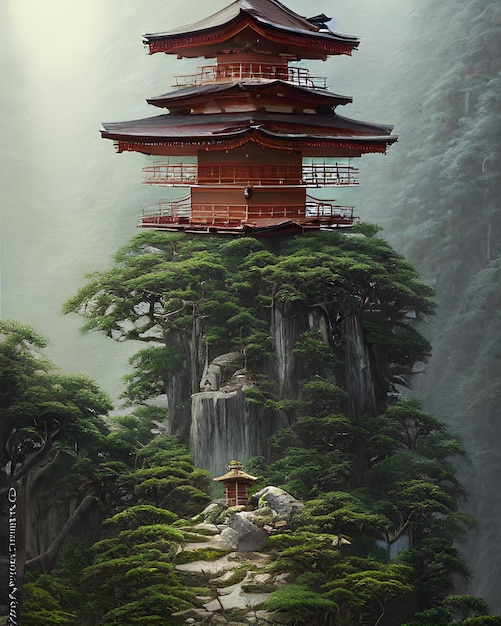 Deatiled beautifull Pagoda in misty mountains