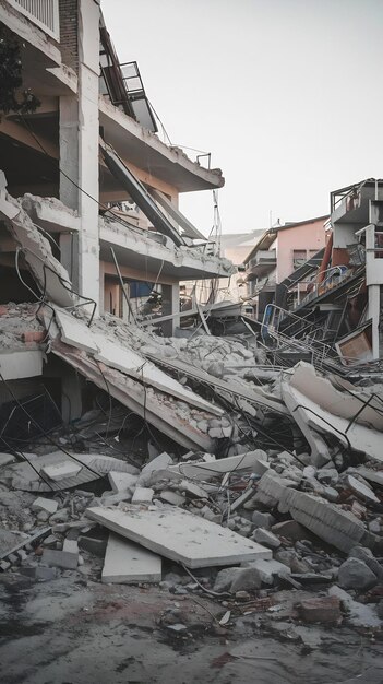 Photo debris and ruined building collapsed from earthquake