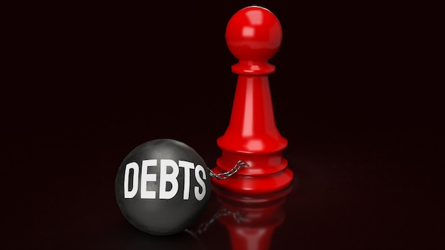 Debts and red chess for business concept 3d rendering