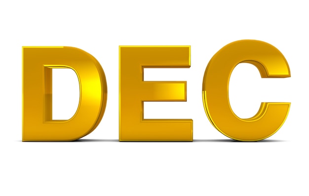 Dec Gold 3D Text December Month Abbreviation isolated on white background. 3D render.