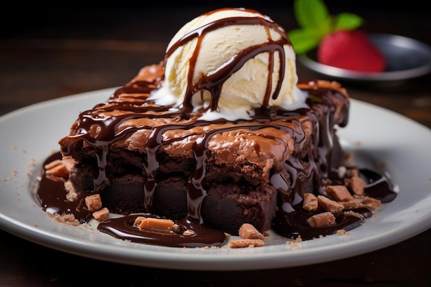 Decadent brownies smothered in rich chocolate sauce and topped with creamy vanilla ice cream Generative Ai