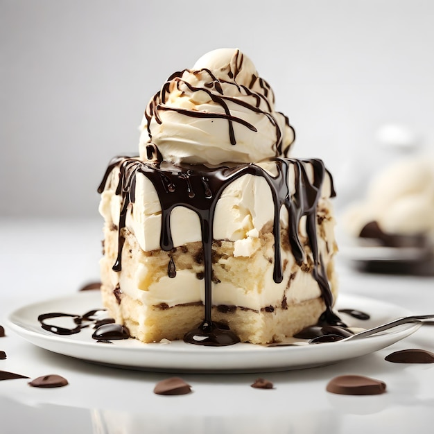 Decadent Cake Slice with Creamy Vanilla Ice Cream on White Background