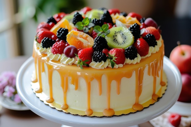 Decadent Cake with a Drip Effect and a Selection of Fresh Fruit for Added Flavor