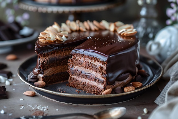 Decadent Chocolate Almond Layer Cake with Rich Chocolate Frosting and Glaze for a Gourmet Dessert De